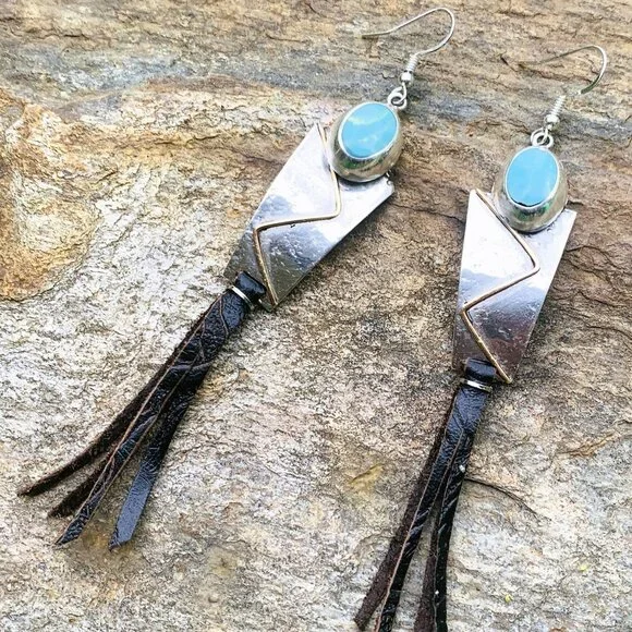 OOAK Sterling Silver/Gold Filled Panels/Oval Turquoise/Leather Tassel Earrings - Picture 1 of 7